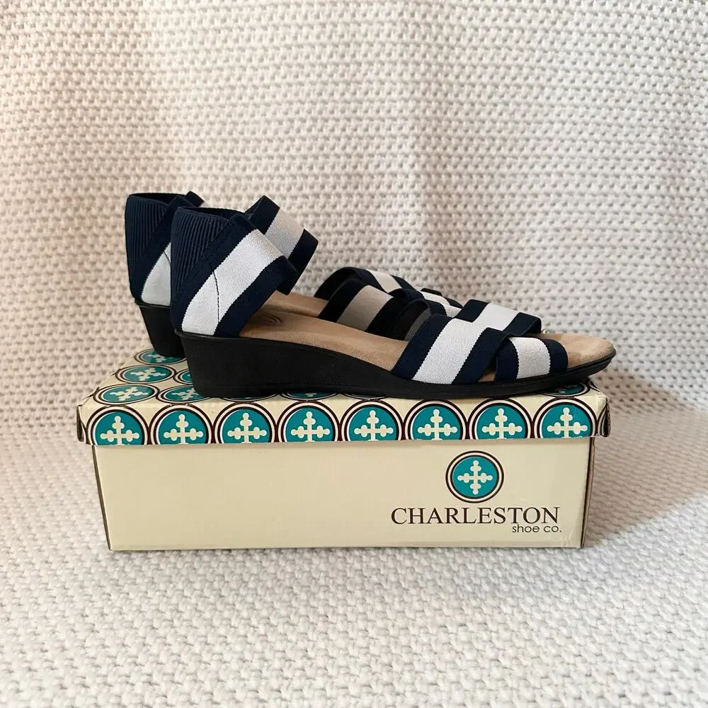 Charleston Shoe Co Lafayette Harrel Navy Blue White Mix Elastic Low Wedges 7 Box